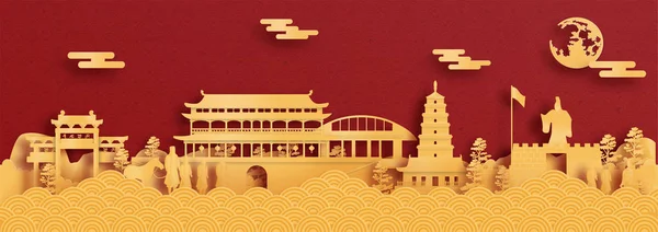 Panorama kartpostalı ve Çin 'in Xian şehrinin kağıt kesim stili illüstrasyonunda dünya çapında ünlü simgelerinin afişi.