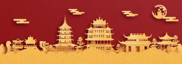 Panorama kartpostalı ve Çin 'in Hangzhou kentinin kağıt kesim stili illüstrasyonunda dünyanın en ünlü simgelerinin afişi.