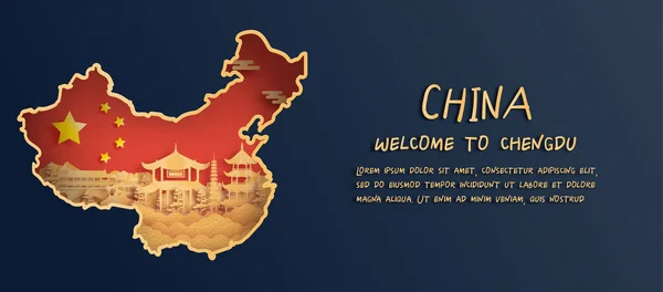 Chengdu silueti olan Çin bayrağı ve haritası, kağıt kesim stili illüstrasyonunda dünyaca ünlü simgeler.