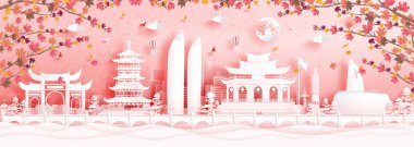 Autumn in Xiamen, China with falling maple leaves and world famous landmarks in paper cut style vector illustration clipart