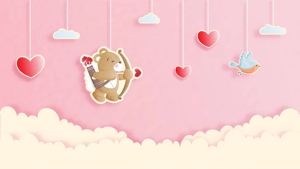 Valentines Card Cute Teddy Bear Paper Cut Style Vector Illustration — ストックベクタ