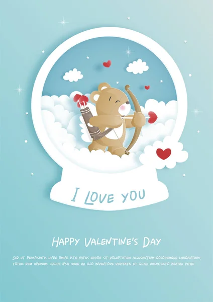 Valentines Kaart Met Schattige Teddybeer Papier Gesneden Stijl Vector Illustratie — Stockvector