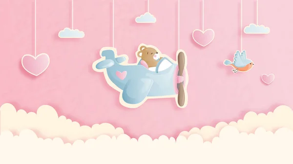 Valentines Card Cute Teddy Bear Paper Cut Style Vector Illustration — ストックベクタ