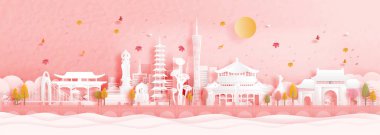 Çin 'in Guangzhou şehrinde sonbahar kağıt kesim stili illüstrasyonunda dünyaca ünlü kent simgesi.