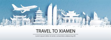 Xiamen 'e seyahat ile seyahat reklamları, şehir silueti manzaralı panorama konsepti ve kağıt kesiği stil illüstrasyonunda dünyaca ünlü simgeler..