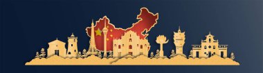 Çin haritası Macau, Çin silueti, kağıt kesim stili illüstrasyonunda dünyaca ünlü simgeler