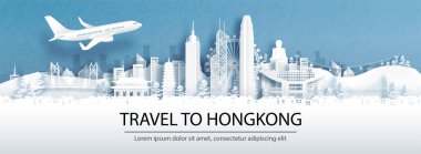 Hong Kong 'a seyahat ile seyahat reklamları, Çin konsepti şehir siluetinin panorama manzarası ve kağıt kesim stili illüstrasyonunda dünyaca ünlü simgeler..