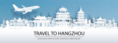 Hangzhou 'ya seyahat ile seyahat reklamları, Çin konsepti şehir siluetinin panorama manzarası ve kağıt kesiği stil illüstrasyonunda dünyaca ünlü simgeler..