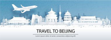 Pekin 'e seyahat ile seyahat reklamları, şehir siluetinin panorama manzaralı Çin konsepti ve kağıt kesiği stil illüstrasyonunda dünyaca ünlü simgeler..