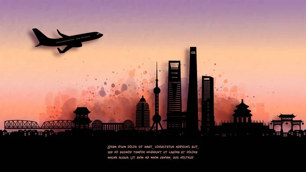Aquarell Von Shanghai Silhouette Skyline Von China Und Berühmtes Wahrzeichen — Stockvektor