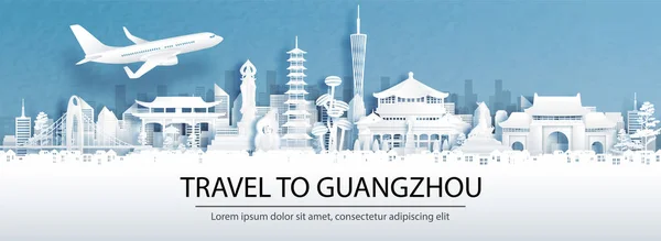 Guangzhou 'ya seyahat ile seyahat reklamı, Çin konsepti şehir silueti manzarası ve kağıt kesiği stil illüstrasyonunda dünyaca ünlü simgeler..