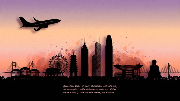 Aquarell Von Hongkong Silhouette Skyline Von China Und Berühmtes Wahrzeichen — Stockvektor