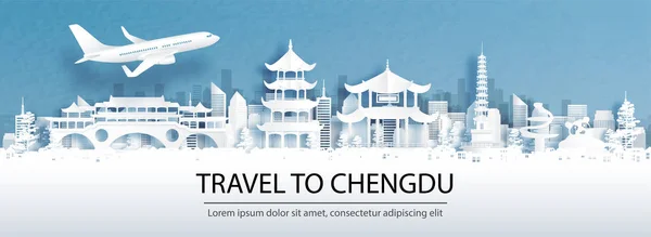 Chengdu 'ya seyahat ile seyahat reklamları, Çin konsepti şehir siluetinin panorama manzarası ve kağıt kesimi stil illüstrasyonunda dünyaca ünlü simgeler..
