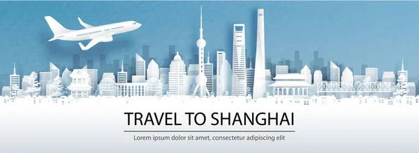 Şangay 'a seyahat ile seyahat reklamları, Çin konsepti şehir siluetinin panorama manzarası ve kağıt kesiği stil illüstrasyonunda dünyaca ünlü simgeler..