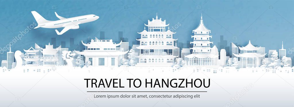 Travel advertising with travel to Hangzhou, China concept with panorama view of city skyline and world famous landmarks in paper cut style vector illustration.