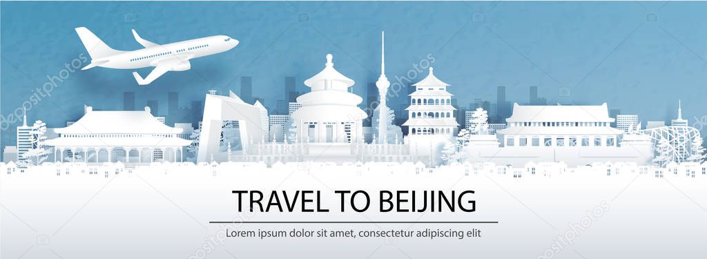 Travel advertising with travel to Beijing, China concept with panorama view of city skyline and world famous landmarks in paper cut style vector illustration.