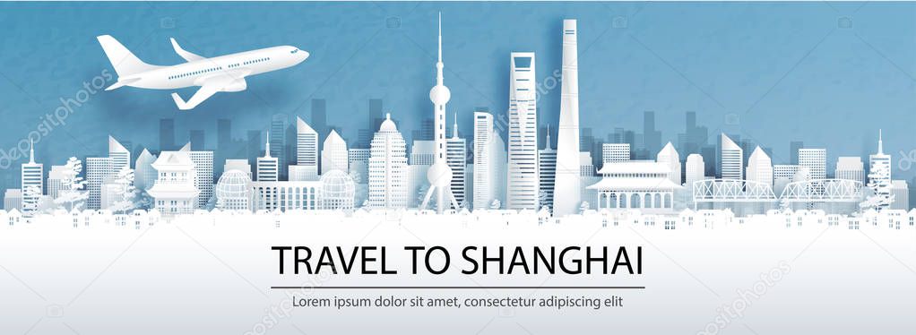 Travel advertising with travel to Shanghai, China concept with panorama view of city skyline and world famous landmarks in paper cut style vector illustration.
