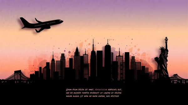 Aquarell Von New York Silhouette Skyline Und Berühmtes Wahrzeichen Vektorillustration — Stockvektor