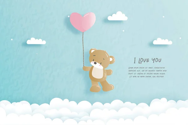 Carte Saint Valentin Avec Ours Peluche Mignon Ballon Coeur Illustration — Image vectorielle