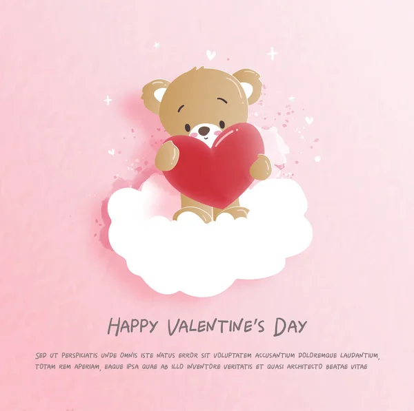 Valentijnskaart Met Schattige Teddybeer Hartballon Papier Gesneden Stijl Vector Illustratie — Stockvector