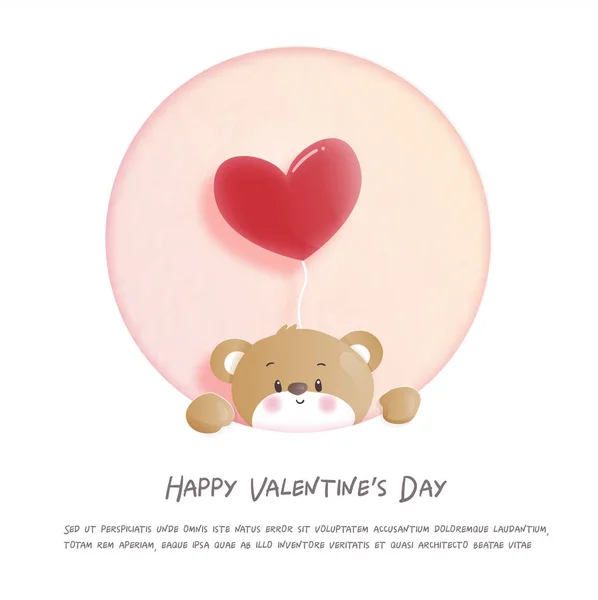 Valentijnskaart Met Schattige Teddybeer Hartballon Papier Gesneden Stijl Vector Illustratie — Stockvector