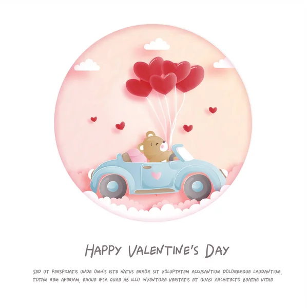 Valentijnskaart Met Schattige Teddybeer Auto Hartballon Papier Gesneden Stijl Vector — Stockvector