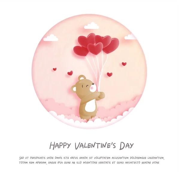 Valentijnskaart Met Schattige Teddybeer Hartballon Papier Gesneden Stijl Vector Illustratie — Stockvector