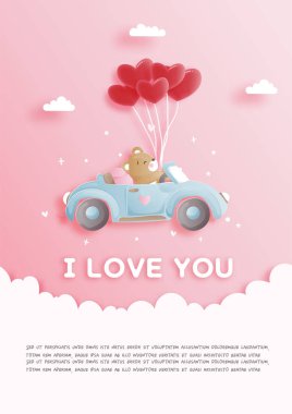 Valentines card with cute teddy bear in car and heart balloon, paper cut style vector illustration. vector