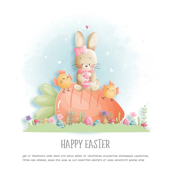 复活节卡片上有可爱的兔子和鸡肉剪纸风格 矢量说明 — 图库矢量图片