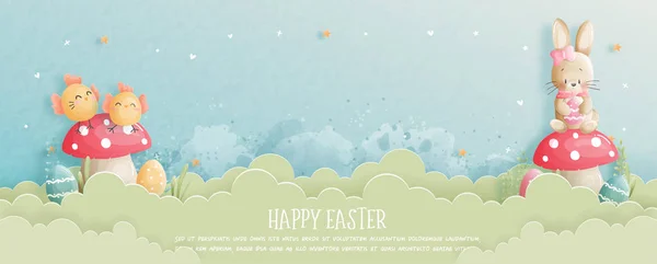 Easter Card Banner Cute Bunny Chicken Paper Cut Style Vector — Stock Vector
