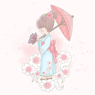 Kimonolu Japon kız. Vektör illüstrasyonu