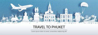 Phuket, Tayland 'a seyahat ile seyahat reklamları şehir siluetinin panorama manzarası ve kağıt kesiği stil illüstrasyonunda dünyaca ünlü simgeler.