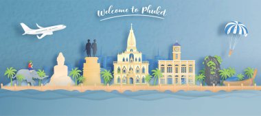 Tayland, Phuket 'e hoşgeldiniz. Tayland' ın dünyaca ünlü simgeleriyle kağıt kesim stili illüstrasyonuna hoş geldiniz..