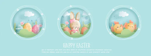 复活节卡片上有可爱的兔子和鸡肉剪纸风格 矢量说明 — 图库矢量图片