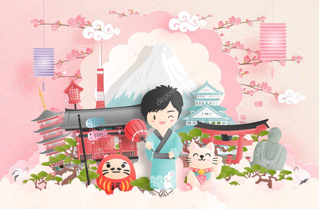 Travel concept with a boy travel to Japan with Japanese landmark. Paper cut. 