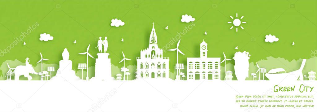 Green city of Phuket, Thailand. Environment and ecology concept. Vector illustration.