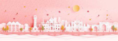 Ahmedabad, Hindistan 'da sonbahar. Düşen akçaağaç yaprakları ve kağıt kesim stili illüstrasyonunda dünyaca ünlü simgeler.