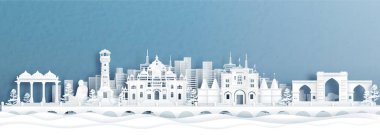 Ahmedabad ufuk çizgisinin panorama görüntüsü ve Hindistan 'ın ünlü kağıt kesim tarzı vektör illüstrasyonundaki simgeleri.