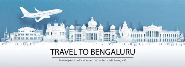 Bengaluru 'ya seyahat ile seyahat reklamcılığı, Hindistan konsepti şehir siluetinin panorama manzarası ve kağıt kesiği stil illüstrasyonunda dünyaca ünlü simgeler..