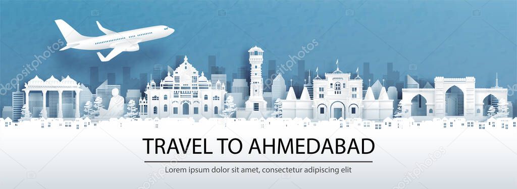 Travel advertising with travel to Ahmedabad, India concept with panorama view of city skyline and world famous landmarks in paper cut style vector illustration.