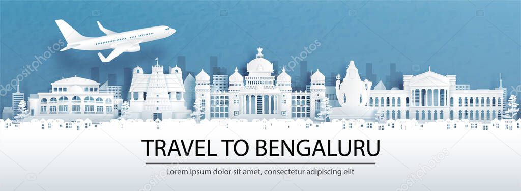 Travel advertising with travel to Bengaluru, India concept with panorama view of city skyline and world famous landmarks in paper cut style vector illustration.