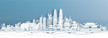 Panorama view of Shenzhen skyline with world famous landmarks of China in paper cut style vector illustration. clipart