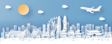 Shenzhen, Çin 'in panorama manzarası. Tapınağı ve şehir silueti kağıt kesim tarzı illüstrasyonunda dünyaca ünlü simgeler taşıyor.