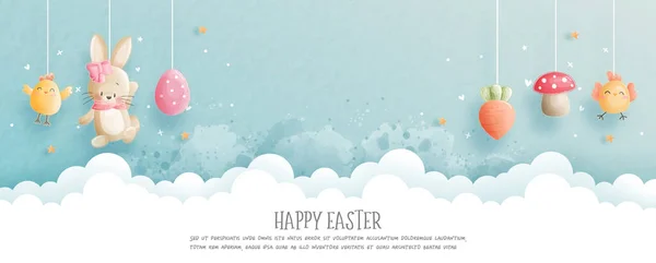 Frohe Ostern Banner Mit Niedlichen Hasen Vektor Illustration Für Papierschnitt — Stockvektor