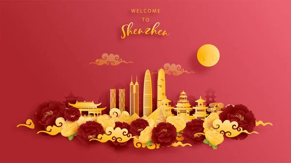 Shenzhen, Çin 'in altın ve kırmızı arka planında dünyaca ünlü simgesi. Kağıt kesiği vektör illüstrasyonu.
