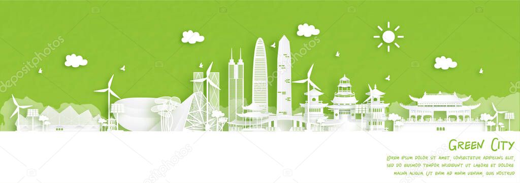 Green city of Shenzhen, China. Environment and ecology concept in paper cut style. Vector illustration.