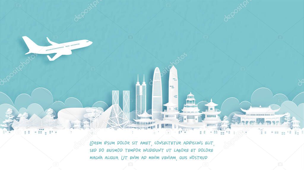 Travel poster with Welcome to Shenzhen, China famous landmark in paper cut style vector illustration.