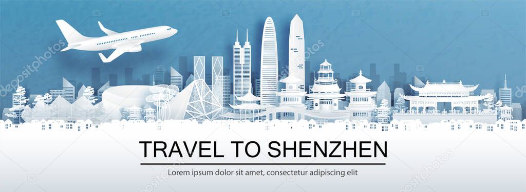 Travel advertising with travel to Shenzhen, China concept with panorama view of city skyline and world famous landmarks in paper cut style vector illustration.