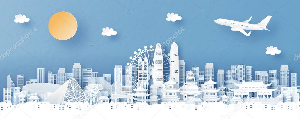 Panorama view of Shenzhen, China with temple and city skyline with world famous landmarks in paper cut style vector illustration