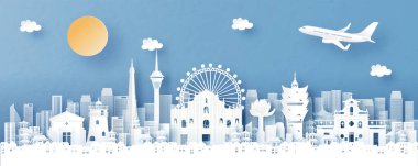 Macau, Çin 'in panorama manzarası. Tapınağı ve şehir silueti kağıt kesim stili illüstrasyonunda dünyaca ünlü simgeler taşıyor.